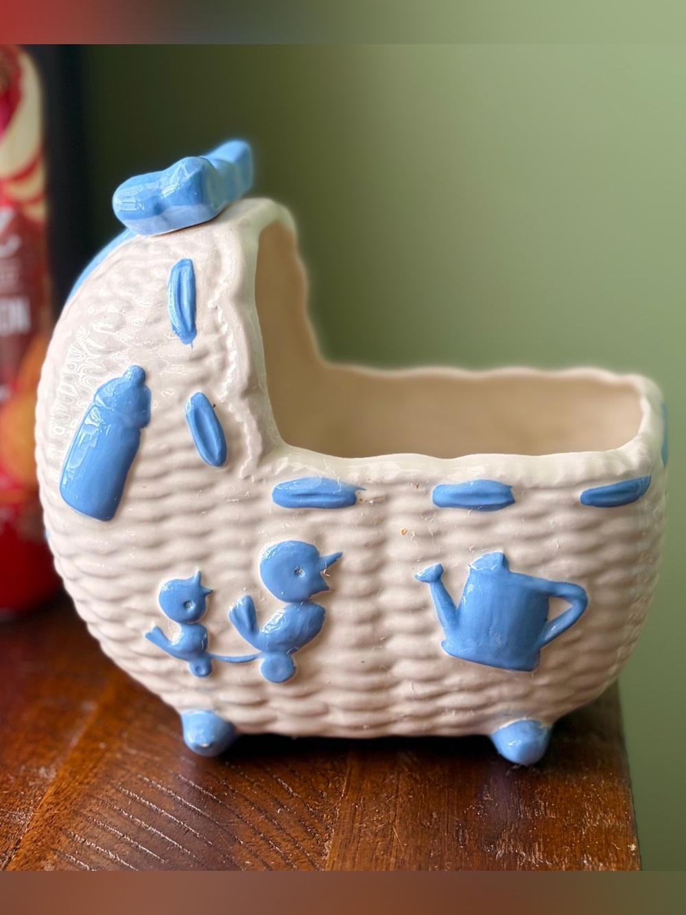 Vintage Baby Carriage Indoor Planter With Duck, Baby Bottle and Gardening Can
